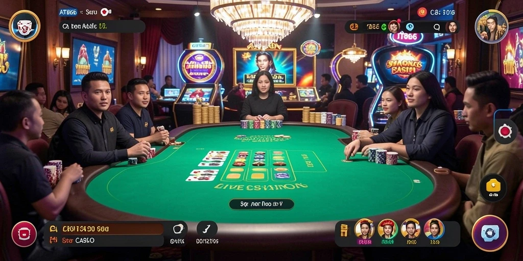 Screenshot AT866 menampilkan gameplay menarik dengan dealer live dan pemain aktif.