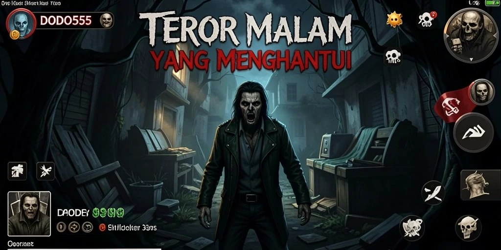 Screenshot gameplay DODO555 menampilkan suasana mencekam dan monster menyeramkan.