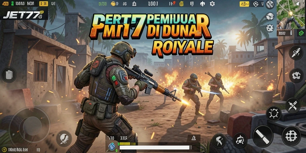 Screenshot JET77 menampilkan pertempuran seru dalam arena Battle Royale.