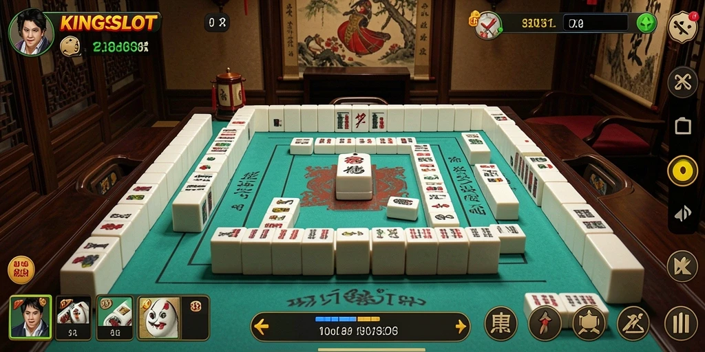 Tangkapan layar permainan KINGSLOT menunjukkan aksi Mahjong yang mendebarkan.