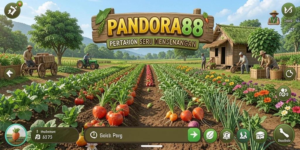 Screenshot gameplay PANDORA88 menampilkan petani merawat tanaman dan hewan.